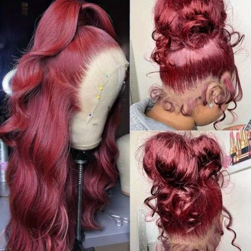 99J Burgundy HD Lace Front Human Hair Wig - Glueless 13x4 Pre-Plucked Body Wave 200% Density Wine Red Costume Wig for Women, Wear & Go Party & Holiday Hair, Wig Accessories